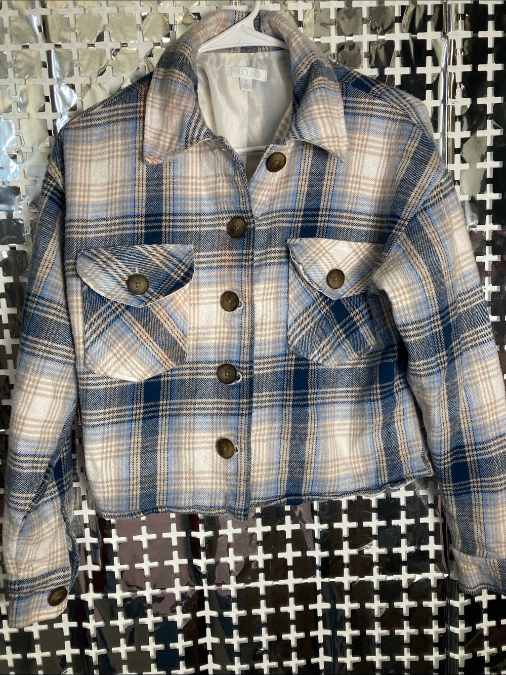 Abound Blue & Cream Plaid Button-Front Jean Jacket